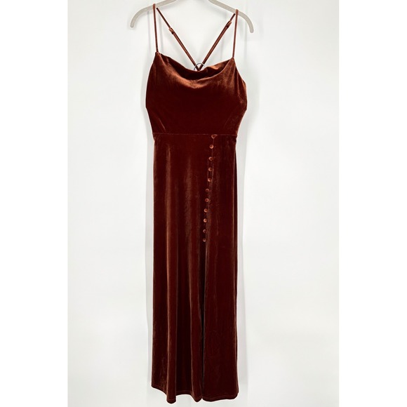 Revelry Billie Velvet Maxi Dress Sz 6 Rust Button High Slit Spaghetti Strap - Picture 2 of 14